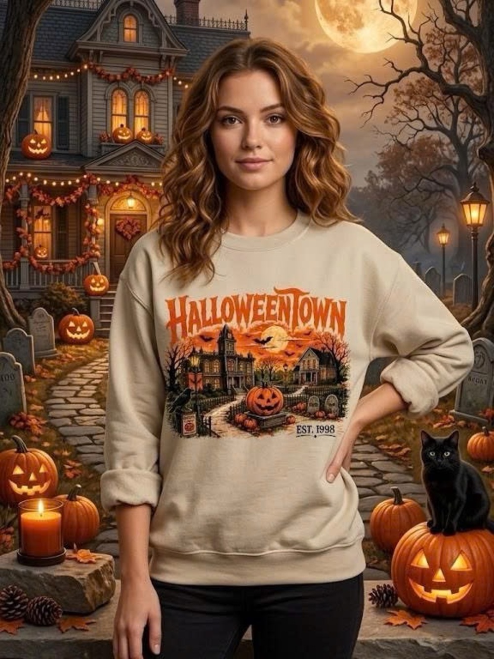 Vintage Spooky Halloween Crewneck Sweatshirt Haunted House Pumpkin Grey
